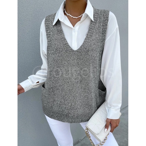 Marled Knit Oversized Sweater Vest Grey V-Neck Front Pockets - Picture 2 of 8